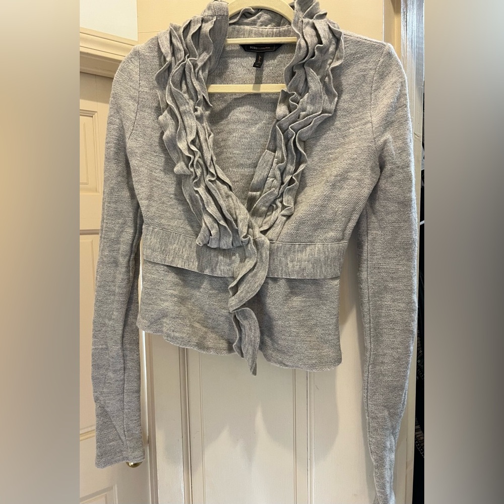 BCBGMaxAzria Light Gray Ruffle Cardigan - Picture 2 of 4